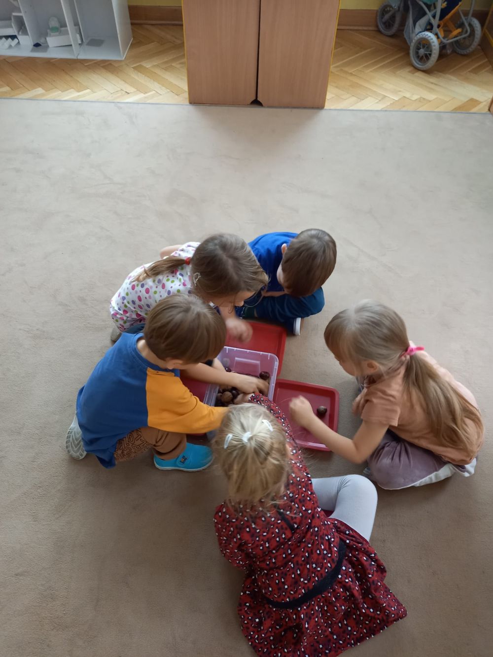 5 dzieci siedzą na dywanie i wyjmują z pojemnika kasztany i orzechy