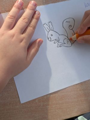Dziecko rysuje wiewiórkę na kartce. Widać kartkę z narysowaną wiewiórką, dłoń dziecka trzymającą kartkę i dłoń dziecka trzymająca pomarańczową kredkę