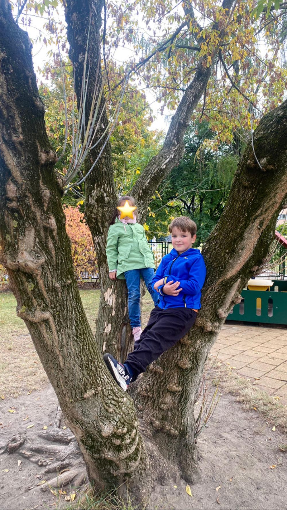 Chłopiec i dziewczynka na placu zabaw siedzą na drzewie