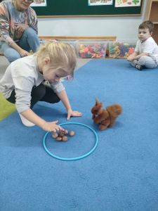 Dziewczynka liczy orzechy położone w ringu na dywanie