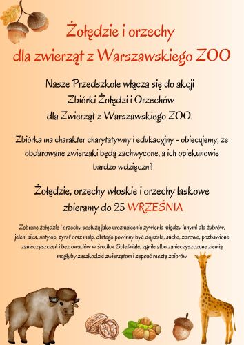 Plakat z informacją o zbiórce żołędzi i orzechów dla zwierząt z warszawskiego zoo. Zbiórka trwa do 25 września