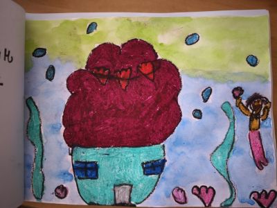 Obrazek namalowany przez dziecko. Dom małej syrenki z muszli, a obok mała syrenka