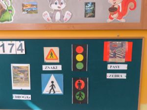 Tablica przedszkolna w sali na której przyczepione są obrazki znaków drogowych, sygnalizacji świetlnej, przejścia dla pieszych